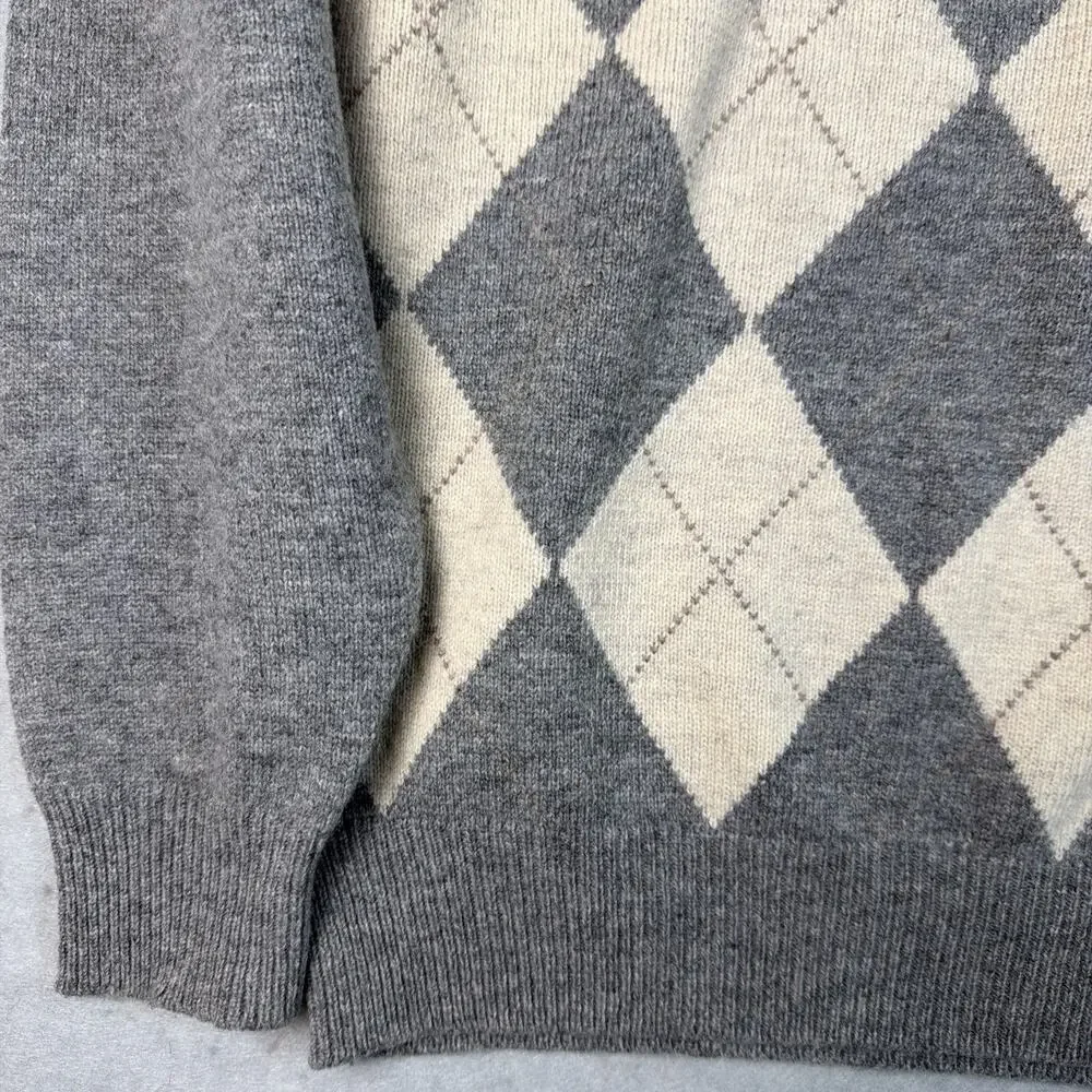 SHIPS English Argyle Pullover Lambswool‎ Sweater Turtleneck Mens L Gray Cream